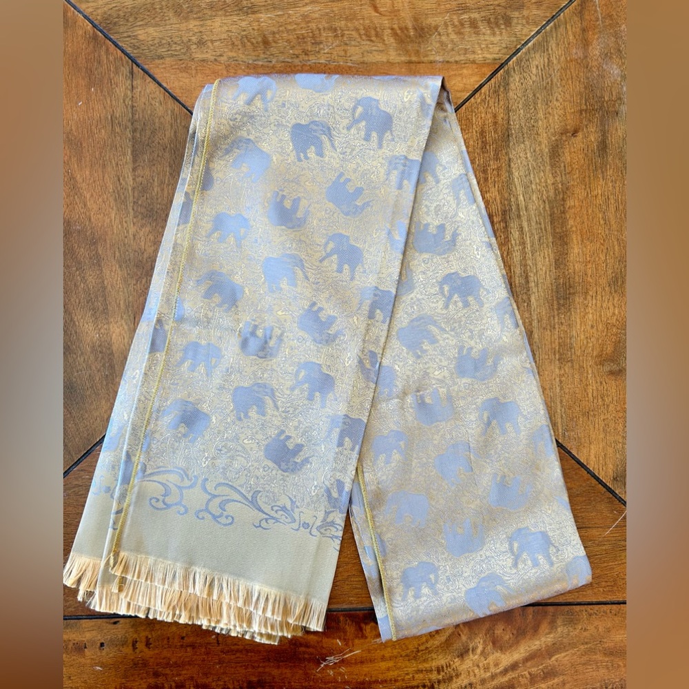 100% Silk Scarf with Elephants in Yellow gold and Pale Purple, NEW